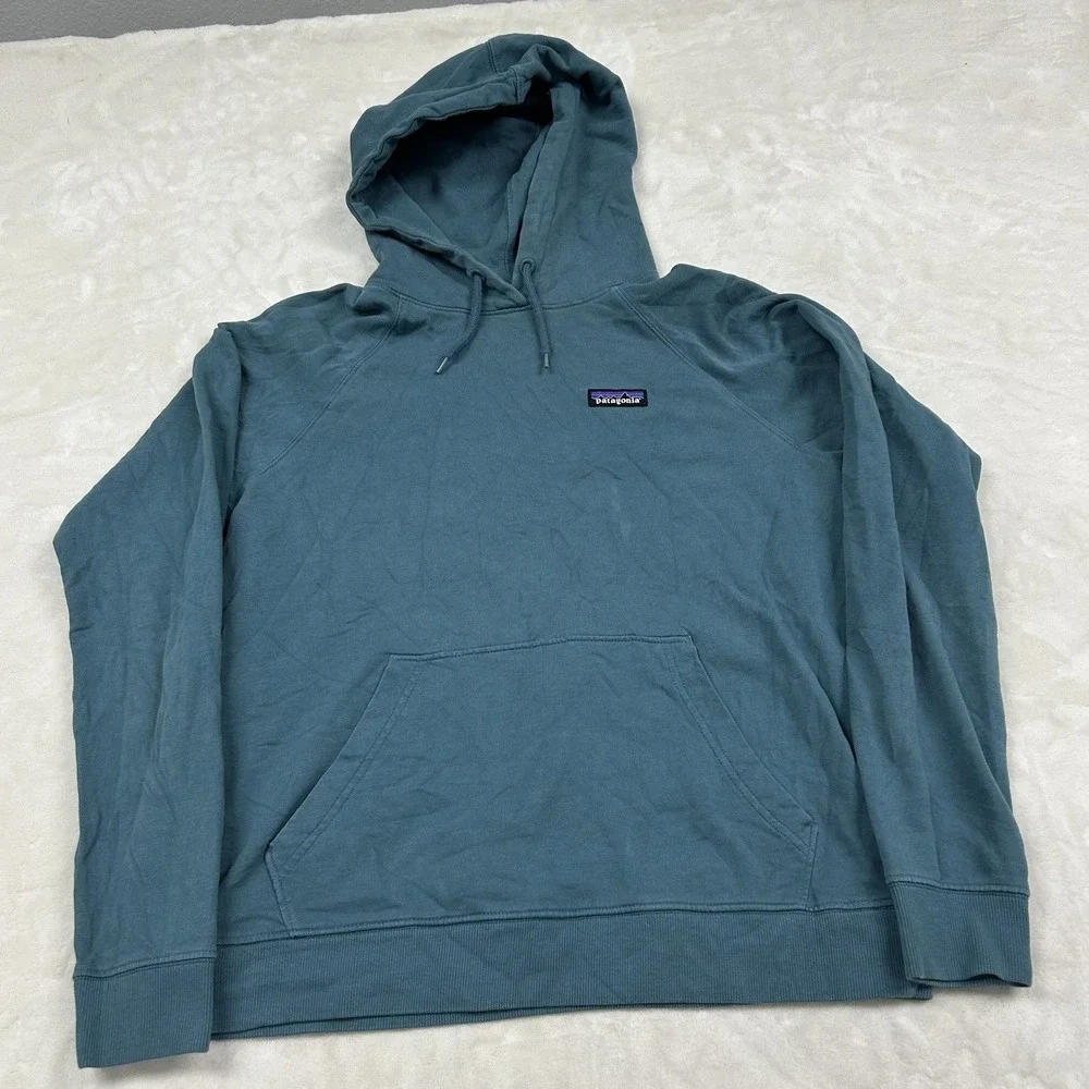 Patagonia P-6 Label Ahnya Hoodie mens M Blue Organic Cotton Pullover
